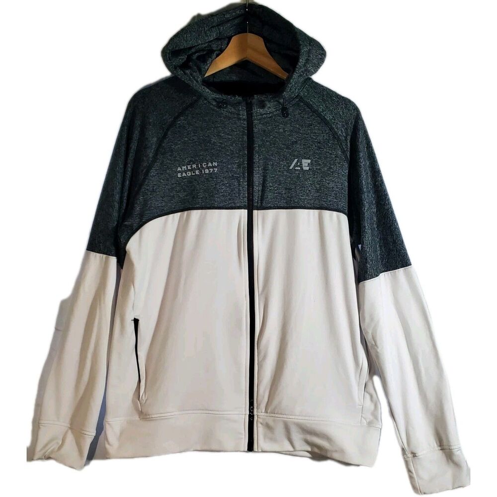 American Eagle 1977 Full Zip Hoodie Gray White Colorblock Mens Large‎
